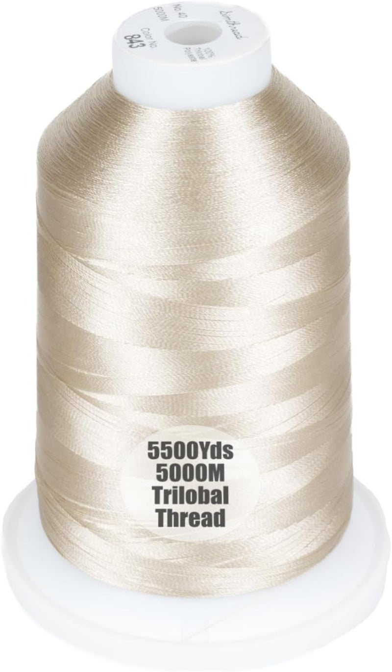 simthread Trilobal Polyester Thread – 5000M (5500yds) No.40 – Super Sheen, Tangle-Free – Built-in Thread Lock Spool – Compatible with Brother, Singer, Janome & More, Beige-843 - Image 1